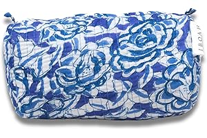 IBOAH Neceser Print de Viaje Organizador, Bolsa de Aseo, Bolso Maquillaje Impreso de algodón Acolchado para Mujeres, Hombres y recién Nacidos con Forrado Impermeable (Azul Oscuro Flores, Pequeño)