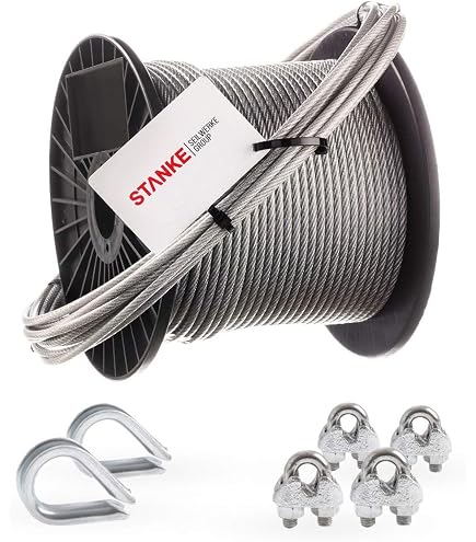 DQ-PP Stahlseil-Set 5 Mm X 50 M – Edelstahl INOX 7x7, Feuerverzinkt, Mit 8 Klemmen & 4 Kauschen, Für Rankhilfe & Sicherung