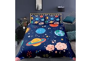 ZZXHG Zestaw pościeli pojedynczej planety kreskówki kolorowe kołdra 150x200 dla dzieci, pokrowce na kołdry z mikrofibry z zamkiem błyskawicznym i 2 poszewki 50x80, oddychająca kołdra