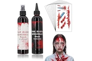 AN-WATTY 500ml Sangue Finto Halloween + 10 Fogli Tatuaggi Halloween, Fake Blood e Tatuaggi Temporanei per Trucchi Halloween, Trucco Halloween per Trucco Joker, Vampiroe Zombie, Trucchi halloween Bambini Adult