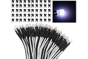 Lyeteung 50 Pezzi 3mm 12V Diodo ad Emissione Luminosa LED, Bianco, Luce a Diodi LED Precablata 20cm Colorate Diffuse + 50 Pezzi 3mm Supporto in Plastica del Diodo