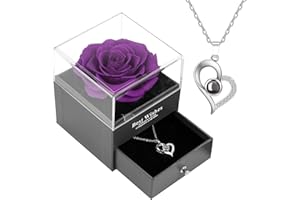 WSRYX Eternal Real Rose Flower with Box, Forever Romantic Rose Present for Girlfriend Mum on Birthday Valentine's Day Mother's Day Wedding for Her with Love You Necklace 100 Languages (purple)