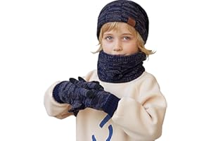 Runmeihe Kids Hat Scarf Gloves, 3 in 1 Winter Warm Knitted Set, Cold Weather Set with Knit Beanie Cap Touch Screen Gloves Circle Neck Scarf