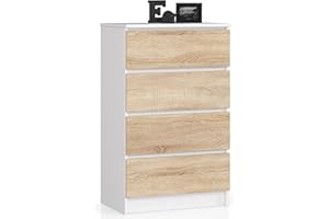 ‎AKORD AKORD Kommode mit 4 Schubladen Beistellschrank Highboardmodernes Sideboard für Wohnzimmer Esszimmer Schlafzimmer Flur Badezimmer 60x99x40cmWeiß / Sonoma-Eiche