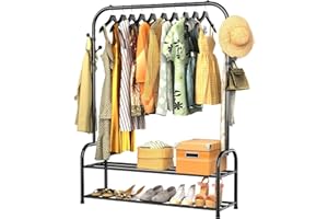 ZHZIRO Clothes Rail Black Metal Coat Rack Freestanding Garment Rack Hanger With 6 Side Hooks and 2-Tier Lower Storage Shelf for Bedroom Home Office Indoor (Single Rail)