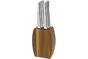 Lou Laguiole - Bloc en bois d'acacia avec 6 couteaux steak - Jet - Acier inoxydable 13 C, Finition Textil - 9 x 5 x 12 cm - Bois