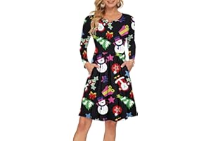 AUSELILY Damen Langarm Plissee Loose Swing Freizeitkleid mit knielangen Taschen