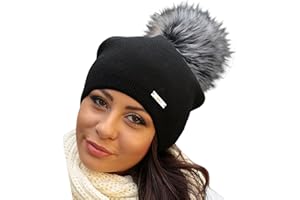 Solvera_Ltd Damen Mütze Winter, Herbst Beanie mit großem Kunstfellbommel, Bommelmütze Frauen Beany Strickmütze Elegante Wintermütze mit Bommel Grau Dunkelgrau Beige Blau Rosa