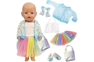 CARREUTY Ubranie dla lalek dla lalek 14, 16, 17, 18 cali, 6 sztuk, ubranie, ubranie, sukienki, cekinowa kurtka, opaska na czoło, buty, torba dla noworodków, lalek, dziewczynek, prezent urodzinowy