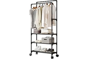 MONKLE - Appendiabiti da terra, Appendiabiti con ruote nero,stand appendiabiti nero a doppia asta con 3 vani portaoggetti(nero)
