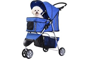 Pawhut Cochecito Plegable Mascotas 75x45x97cm Perros Gatos Carrito Ruedas giran 360º Azul