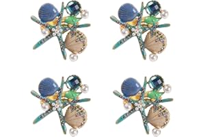 Hausdec 4Pcs Starfish Napkin Rings,Pearl Rhinestone Ocean Nautical Napkin Ring Holders Napkin Buckle for Party,Blue