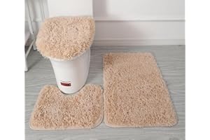 sigaer Soft Microfiber Bathroom Rugs Sets 3 Piece, Bath Rug + Contour Mat + Toilet Seat Cover, Non-Slip Bathroom Rugs with PVC Point Flannel Backing, Water Absorbent Solid Light Camel