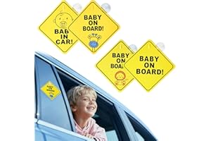 BRTNUP 4Pcs Baby On Board Sign for Car, Baby On Board Sticker for Cars with Suction Cups 4 Designs Safety Warning Stickers 12x12cm Ba-by on Board Car Signs Reusable Window Cling Bright Yellow Durable