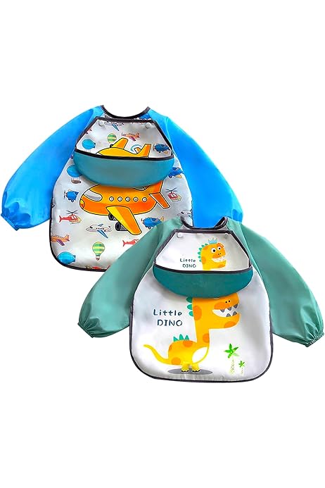 Bavaglino Maniche Lunghe Impermeabile - Con Tasca, Per Bambini 6-24 Mesi, Verde Chiaro - Foto 9