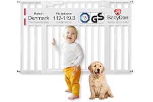 BabyDan Premier, extra breites Treppenschutzgitter zum Klemmen, 112-119,3 cm, Türschutzgitter/Absperrgitter/Babygitter/Sicherheitsgitter, Metall, Weiß, Hergestellt in Dänemark (Hundegitter)