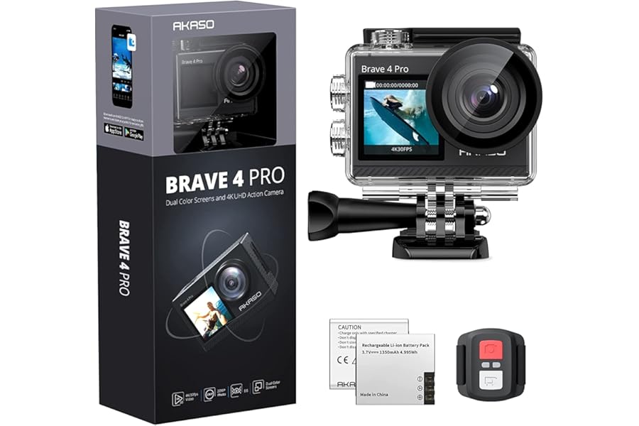 AKASO Brave 4 Pro 4K30FPS Action Camera - 131ft Waterproof Camera with Touch Screen Advanced EIS Remote Control 5X Zoom Underwater Camera - Grey