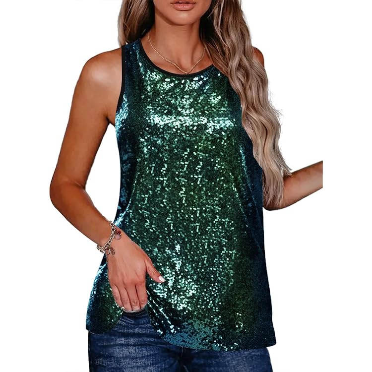 MANER Women's Sequin Party Tank Top – Sparkle Strappy Cami, Green, Size Medium - View #7