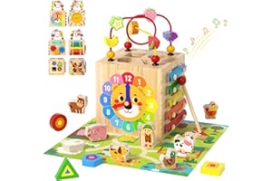 LZDMY Baby Wooden Montessori Toys for 1 2 3 year old, 7 in1 Activity Cube with Farm Animals Map Game, Toddlers Sensory Educational Sorting Toys, Baby Boys Girls 1st Birthday Gift