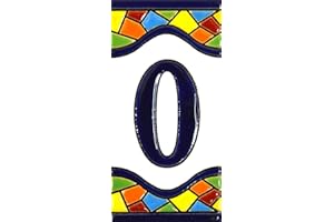 ART ESCUDELLERS Numero casa. Insegna con numeri e lettere fatte di piastrelle di ceramica policroma, dipinte a mano con la tecnica "cuerda seca", nomi indirizzi e segnaletica. Testo personalizzabile. Disegno MOSAICO MEDIANO 10,9 cm x 5,4 cm. (NUMERO ZERO "0")