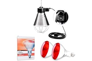 ZOOTEC Lampada riscaldamento cuccioli ad infrarossi | Lampada riscaldante per pulcini | A risparmio Energetico con griglia di protezione e 2m di catenella per la sospensione + 2 Lampadine 150W