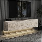 Neon LED Işıklı Duvara Monte, 3 Kapaklı TV Sehpası &ndash; 160 cm - Modern Tasarım, Traverten Desen