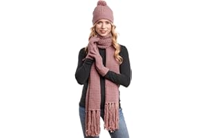 Hilltop Set Invernale da Donna, Sciarpa, Cuffia e Guanti, Scialle XXL con Frange/Foulard a Maglia, Berretto con Pompom e Coprimani Abbinati, 3 Pezzi