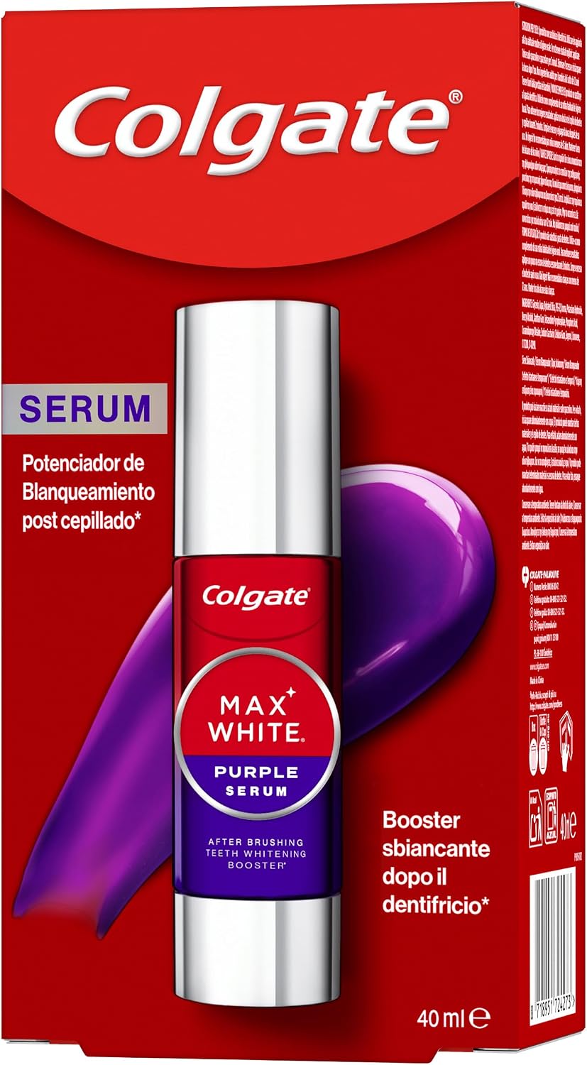 Colgate Max White Sérum Morado 40ml, Blanqueador Dental Instantáneo sin Flúor, Blanquea Instantáneamente, Fórmula de Doble Acción para Corrección del Color y Resultados Blanqueadores Duraderos
