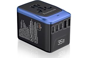 SAUNORCH Universal Travel Adapter, PD 35W 7 in 1 International Power Plug Adapter with 7.0A 4 USB-C and 2 USB-A Fast Wall Charger, Worldwide AC Outlet for US Europe UK AUS-Black+Blue