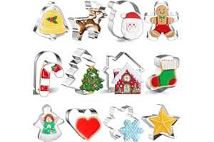FINEVERNEK Cortadores de Galletas Navidad 12 Piezas, Moldes de Acero Inoxidable para Navidad, Moldes de Galletas de Navidad, Forma de Papá Noel, Copos de Nieve, Árbol de Navidad