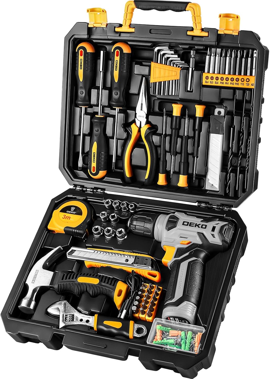 DEKO Caja Herramientas Completa con Destornillador Electrico/Taladro con bateria de 8V, Maletin de 126 Piezas, Caja profesional de herramientas Domésticas de Bricolaje para Oficinas y Jardín, Gris