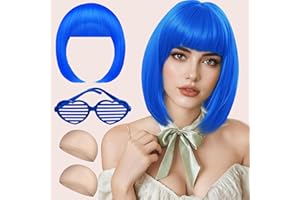 NATURAS BOUQUTIS Parrucca Donna, Parrucche Carnevale Donna, Parrucca Caschetto Blu con Colorate Occhiale et 2 Cappuccio Parrucca, BOB Wig per Carnevale Costume Cosplay Spettacolo Teatrale