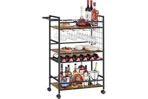 JC-Houser 3 Tier Drinks Trolley On Wheels, Wooden Bar Cart Serving Trolleys, Home Bar Serving Carts with Wine Rack and Glass Holders for Kitchen Dining Room Living Room(Rustic Brown)