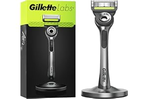 Gillette Labs Rasoio Barba Manuale Con Barra Integrata, 1 Manico, 1 Lamette Gillette di Ricambio, Con Base Magnetica, Grigio, Rasoio Barba e Lamette Di Ricambio
