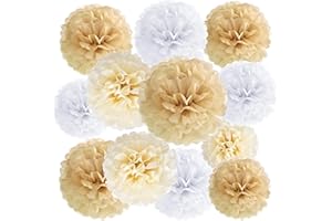 SUNBEAUTY Party Decoration Pompoms – Pack of 15 Beige Brown White Tissue Paper Pompoms for Wedding, Table Decoration Birthday, Baby Shower Decoration, Prom, Festival, Christmas, Carnival