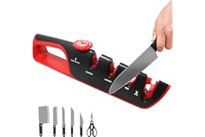 KLGFI 4 in 1 Messerschleifer mit Scherenschleifer, 6 Stufen Verstellbar Messerschärfer Profi, Manueller Messerschärfer für Keramikstein, Wolframcarbid Scheiben, Diamant Schleifsteine, Rot