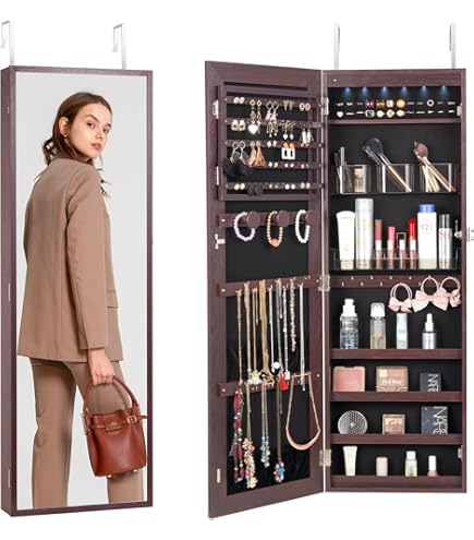 CGPN Hangende Sieradenkast Kastkast Met Spiegel Over De Volledige Lengte Afsluitbare Sieradenorganizer Deurmontage En Wandmontage Grote Opbergdoos Voor Schoonheidssieraden 67x37x10cm Wit Hout Herbruikbaar