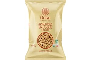 Arachides en coques BIO 500g | Cacahuètes en coques grillées & 100% Naturelle | Cacahuètes JUMBO | BIO | IDÉAL Snack ou Apéritifs | Sans OGM | Végétariens et Végétaliens | BASE ORGANIC FOOD