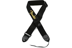 Fender Sangle de Guitare, Tissu en Polyester avec Logo Jaune, Réglable 33”-53”, Noir