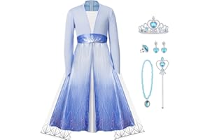 AUYAO Costume Elsa Principessa Bambina Principessa Vestito Elsa, Abito da Principessa Elsa Ragazza Costume Regina Ghiacco Costumi Blu Abito con Gioielli Bacchetta Magica Corona Halloween Natale