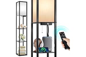 OUTON Lampa stojąca, regał z pilotem zdalnego sterowania, możliwość ściemniania i 4 ustawienia temperatury barwowej, timer 1 h, lampa stojąca LED z 2 portami USB, lampa stojąca z kloszem do salonu,