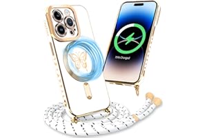 ZhuoFan Funda Magnética para Apple iPhone 15 Pro MAX 6,7'' con Cordón Colgante [Compatible Avec MagSafe], Bonita Mariposa chapada en Lujo con Purpurina Correa Nylon, Blanco