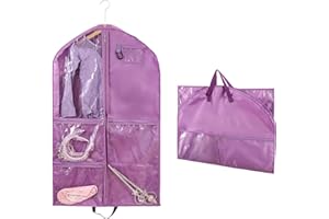 NOGSAY Waterproof Clothes Covers,40 inch Hanging Garment Bags with 3 Zipper Pockets,Foldable Dance Costumes Clothes Bag for Kids & Women,Suits Dress Hanging Cover with ID Slot,Travel Storage Bag (Purple)