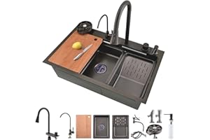 Bokaiya Évier de Cuisine, Cascade Multifonction, Evier de Cuisine à Comptoir Raindance Professionnel Lavabo Acier Inoxydable avec Lave Verre & Robinet Extractiblen Haute Pression Noir 85x45 cm
