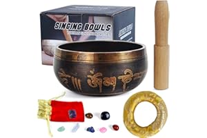 ATB-GIFT Juego de cuencos tibetanos para cantar, Cuenco tibetano hecho a mano en Nepal con Piedra en bruto de los siete chakras(Calibre 8CM)