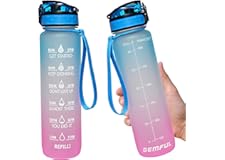 Water Bottle 1L with Time Marker Straw and Filter Tritan BPA Free for Fitness Gym and Outdoor Sports Blue