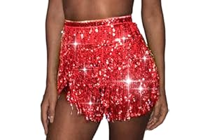 Ushiny Festival Outfit Christmas Sequin Tassel Skirt Costume Rave Mini Skirts New Year Eve Ballet Dance Fringe Hip Scarf Glitter Sequin Skirt for Women and Girls