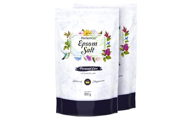 Nortembio Sels d’Epsom 100% Purs 2 x 850 g – Source Concentrée de Magnésium | Pour Peaux Sensibles | Avec Vitamines C et E Hydratantes | Sans Additifs, Usage Externe Naturel + E-Book Gratuit