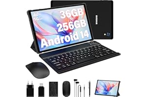 RUSHAR Tablet 10.4 Inch Android 14 With 36GB RAM+256GB ROM (2TB TF), 4G LTE/SIM+5G WiFi, Octa-Core, 2000x1200, 8000mAh, 13MP+8MP, With Keyboard, GPS/Bluetooth, Black