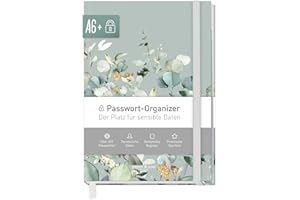 HÄFFT paper&you® Livre de mots de passe A6+ avec onglet A-Z "Minty Leaves" pour 320 données d'accès, gestionnaire de mots de passe petit - durable & respectueux du climat